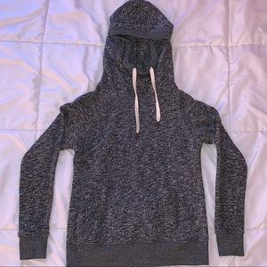 Gray with White Grain Print Design Turtleneck Hoodie with White Drawstrings